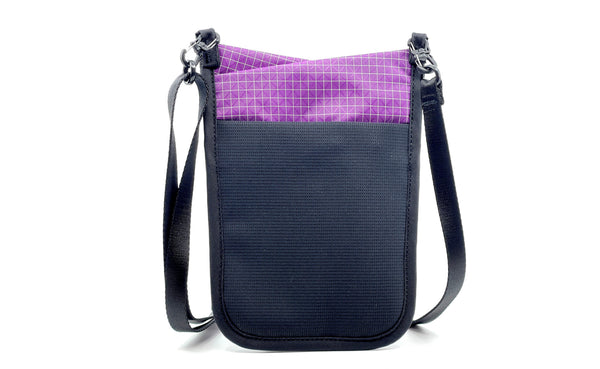 The rear of the P.I.K.A. Pouch in Ultraviolet (purple with white gridding) 200 Halcyon.